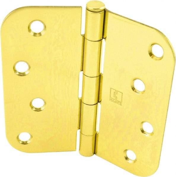 Hager - 4" Wide x 4" High 5/8 Radius Residential Hinge - Round Edge, Steel, Bright Brass Finish - Benchmark Tooling