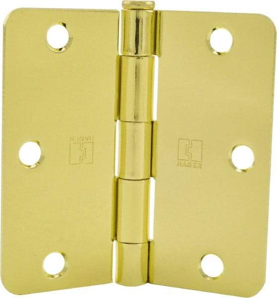 Hager - 3-1/2" Wide x 3-1/2" High 1/4 Radius Residential Hinge - Round Edge, Steel, Bright Brass Finish - Benchmark Tooling