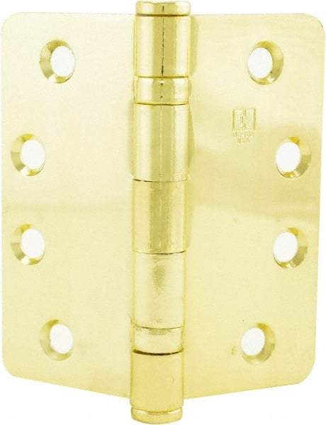 Hager - 4" Wide x 4" High 5/8 Radius Residential Hinge - Round Edge, Steel, Bright Brass Finish - Benchmark Tooling