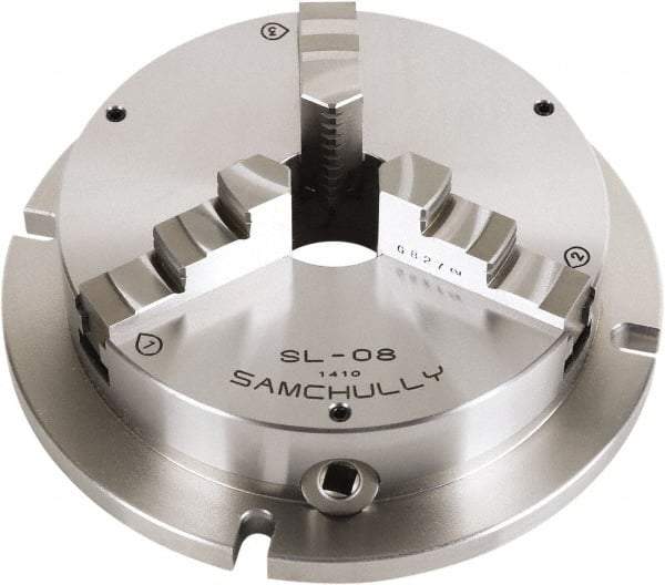 Samchully - 3 Jaw, 215mm Diam, Self Centering Manual Lathe Chuck - Plain Back Mount, Adjustable, 60mm Through Hole Diam, Forged Steel - Benchmark Tooling