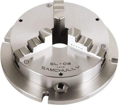 Samchully - 3 Jaw, 255mm Diam, Self Centering Manual Lathe Chuck - Plain Back Mount, Adjustable, 76mm Through Hole Diam, Forged Steel - Benchmark Tooling