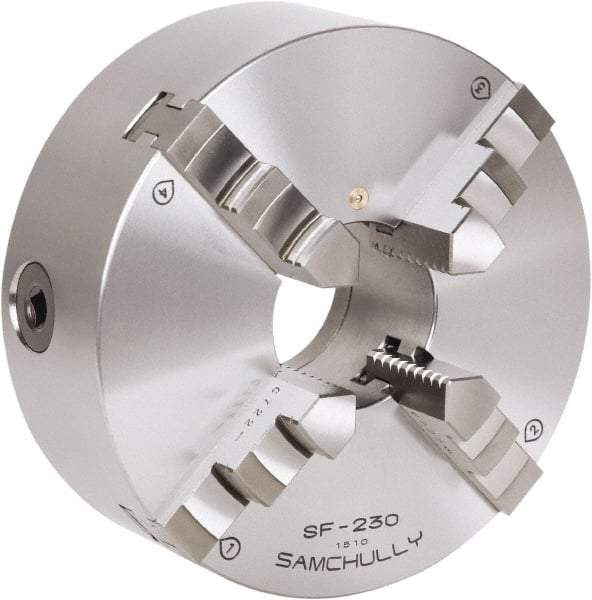 Samchully - 4 Jaw, 273mm Diam, Self Centering Manual Lathe Chuck - Rear Mount, Adjustable, 89mm Through Hole Diam, Forged Steel - Benchmark Tooling