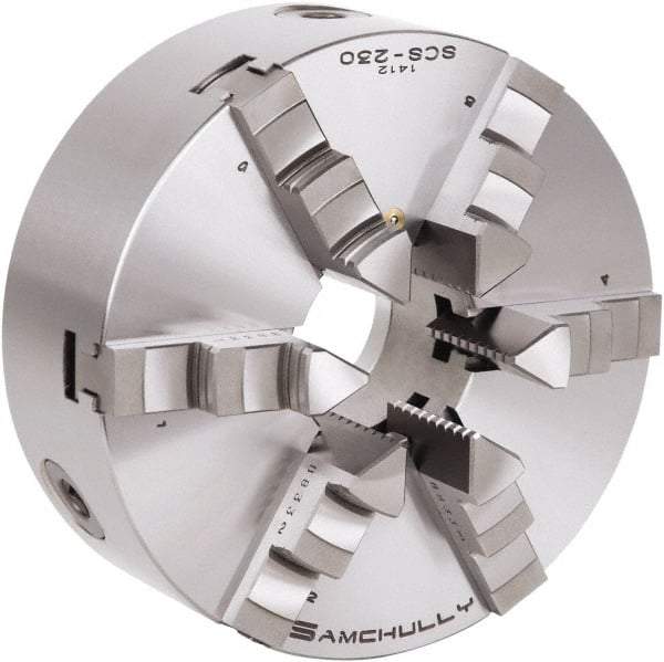 Samchully - 6 Jaw, 310mm Diam, Self Centering Manual Lathe Chuck - Plain Back Mount, Adjustable, 100mm Through Hole Diam, Forged Steel - Benchmark Tooling