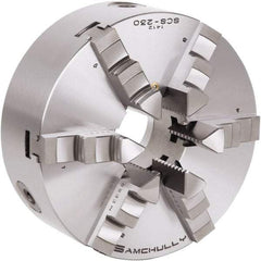 Samchully - 6 Jaw, 273mm Diam, Self Centering Manual Lathe Chuck - Plain Back Mount, Adjustable, 89mm Through Hole Diam, Forged Steel - Benchmark Tooling