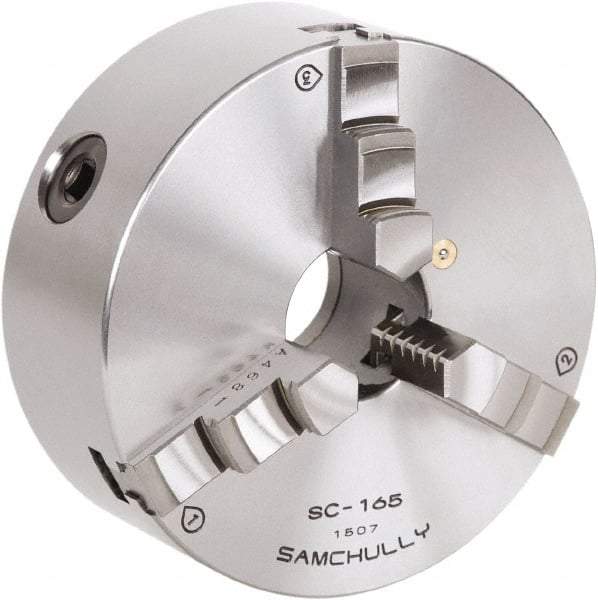 Samchully - 3 Jaw, 85mm Diam, Self Centering Manual Lathe Chuck - Rear Mount, Adjustable, 16mm Through Hole Diam, Forged Steel - Benchmark Tooling