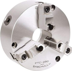 Samchully - 3 Jaw, 460mm Diam, Self Centering Manual Lathe Chuck - Front Mount, Adjustable, 190mm Through Hole Diam, Forged Steel - Benchmark Tooling