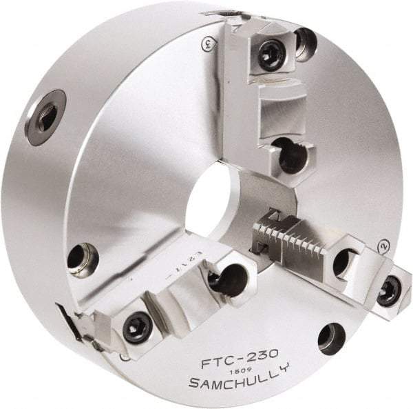 Samchully - 3 Jaw, 310mm Diam, Self Centering Manual Lathe Chuck - Front Mount, Adjustable, 100mm Through Hole Diam, Forged Steel - Benchmark Tooling