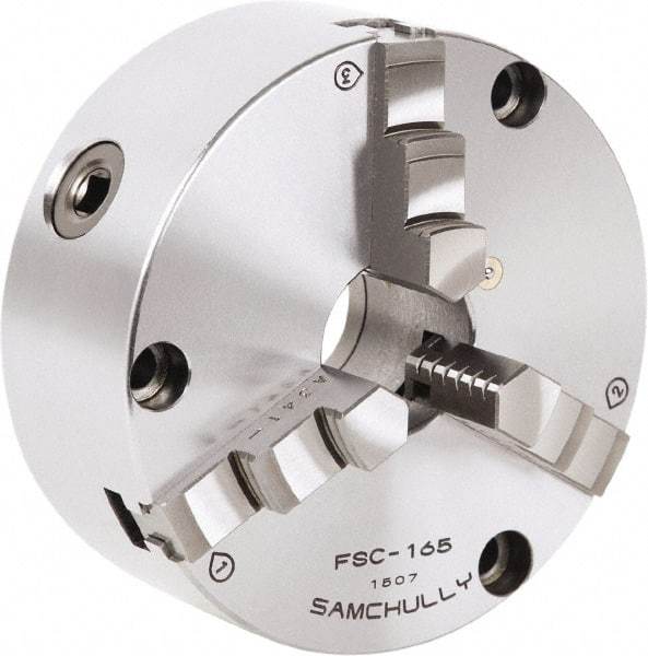 Samchully - 3 Jaw, 232mm Diam, Self Centering Manual Lathe Chuck - Front Mount, Adjustable, 75mm Through Hole Diam, Forged Steel - Benchmark Tooling