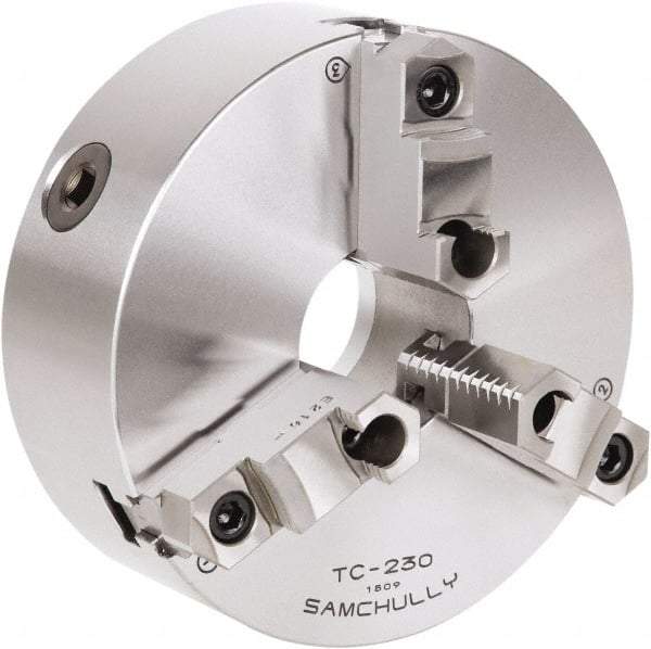 Samchully - 3 Jaw, 310mm Diam, Self Centering Manual Lathe Chuck - Rear Mount, Adjustable, 100mm Through Hole Diam, Forged Steel - Benchmark Tooling