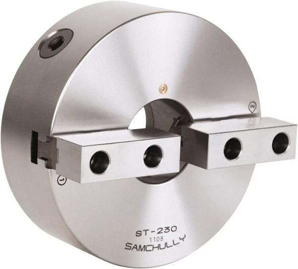 Samchully - 2 Jaw, 192mm Diam, Self Centering Manual Lathe Chuck - Front Mount, Adjustable, 57mm Through Hole Diam, Forged Steel - Benchmark Tooling