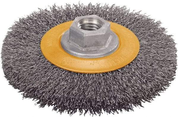 WALTER Surface Technologies - 4-1/2" OD, 5/8-11 Arbor Hole, Crimped Stainless Steel Wheel Brush - 5/8" Face Width, 1" Trim Length, 0.0118" Filament Diam, 12,500 RPM - Benchmark Tooling