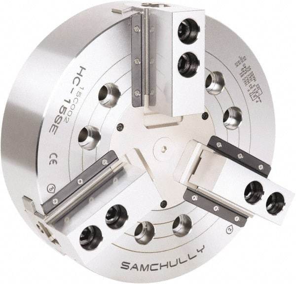 Samchully - 3 Jaw, 450mm Chuck Diam, Plain Back Mount, 0mm Through Hole Diam, Drawbar Hydraulic Power Lathe Chuck - 1.5mm x 60° Serrated Jaw Interface, 2,710 RPM, Steel Body - Benchmark Tooling