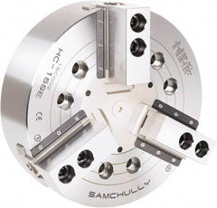 Samchully - 3 Jaw, 381mm Chuck Diam, Plain Back Mount, 0mm Through Hole Diam, Drawbar Hydraulic Power Lathe Chuck - 1.5mm x 60° Serrated Jaw Interface, 3,040 RPM, Steel Body - Benchmark Tooling