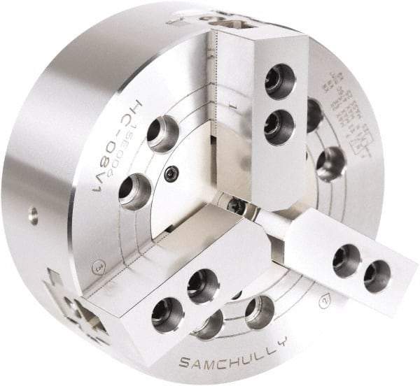 Samchully - 3 Jaw, 254mm Chuck Diam, Plain Back Mount, 0mm Through Hole Diam, Drawbar Hydraulic Power Lathe Chuck - 1.5mm x 60° Serrated Jaw Interface, 4,010 RPM, Steel Body - Benchmark Tooling