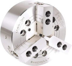 Samchully - 3 Jaw, 1400mm Chuck Diam, Plain Back Mount, 0mm Through Hole Diam, Drawbar Hydraulic Power Lathe Chuck - Tongue & Groove Jaw Interface, 450 RPM, Steel Body - Benchmark Tooling