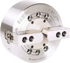 Samchully - 2 Jaw, 165mm Chuck Diam, Plain Back Mount, 0mm Through Hole Diam, Drawbar Hydraulic Power Lathe Chuck - 1.5mm x 60° Serrated Jaw Interface, 5,000 RPM, Steel Body - Benchmark Tooling