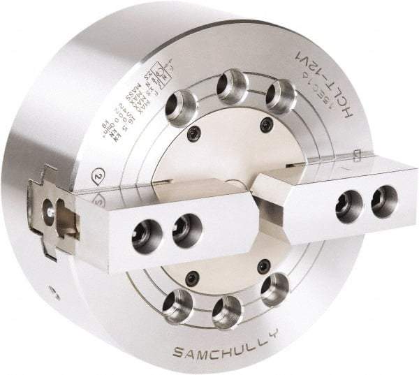 Samchully - 2 Jaw, 210mm Chuck Diam, Plain Back Mount, 0mm Through Hole Diam, Drawbar Hydraulic Power Lathe Chuck - 1.5mm x 60° Serrated Jaw Interface, 3,600 RPM, Steel Body - Benchmark Tooling