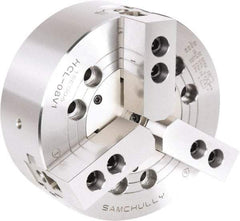 Samchully - 3 Jaw, 110mm Chuck Diam, Plain Back Mount, 0mm Through Hole Diam, Drawbar Hydraulic Power Lathe Chuck - 1.5mm x 60° Serrated Jaw Interface, 5,000 RPM, Steel Body - Benchmark Tooling