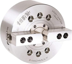 Samchully - 2 Jaw, 381mm Chuck Diam, Plain Back Mount, 0mm Through Hole Diam, Drawtube Hydraulic Power Lathe Chuck - 1.5mm x 60° Serrated Jaw Interface, 2,500 RPM, Steel Body - Benchmark Tooling