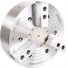 Samchully - 3 Jaw, 530mm Chuck Diam, Plain Back Mount, 140mm Through Hole Diam, Drawtube Hydraulic Power Lathe Chuck - 3mm x 60° Serrated Jaw Interface, 1,700 RPM, Steel Body - Benchmark Tooling