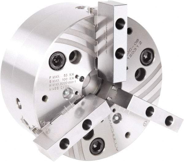 Samchully - 3 Jaw, 500mm Chuck Diam, Plain Back Mount, 155mm Through Hole Diam, Drawtube Hydraulic Power Lathe Chuck - Tongue & Groove Jaw Interface, 2,200 RPM, Steel Body - Benchmark Tooling