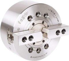 Samchully - 2 Jaw, 175mm Chuck Diam, Plain Back Mount, 52mm Through Hole Diam, Drawtube Hydraulic Power Lathe Chuck - 1.5mm x 60° Serrated Jaw Interface, 6,000 RPM, Steel Body - Benchmark Tooling