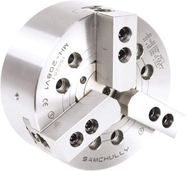 Samchully - 3 Jaw, 315mm Chuck Diam, Plain Back Mount, 315mm Through Hole Diam, Drawtube Hydraulic Power Lathe Chuck - 1.5mm x 60° Serrated Jaw Interface, 3,000 RPM, Steel Body - Benchmark Tooling