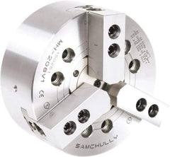 Samchully - 3 Jaw, 530mm Chuck Diam, Plain Back Mount, 166.5mm Through Hole Diam, Drawtube Hydraulic Power Lathe Chuck - 1.5mm x 60° Serrated Jaw Interface, 1,700 RPM, Steel Body - Benchmark Tooling