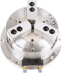 Samchully - 3 Jaw, 300mm Chuck Diam, Plain Back Mount, 0mm Through Hole Diam, Self-Contained Air Power Lathe Chuck - 1.5mm x 60° Serrated Jaw Interface, Steel Body - Benchmark Tooling