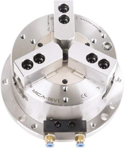 Samchully - 3 Jaw, 248mm Chuck Diam, Plain Back Mount, 0mm Through Hole Diam, Self-Contained Air Power Lathe Chuck - 1.5mm x 60° Serrated Jaw Interface, Steel Body - Benchmark Tooling