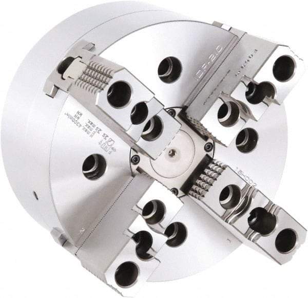 Samchully - 4 Jaw, 254mm Chuck Diam, Plain Back Mount, 0mm Through Hole Diam, Drawbar Hydraulic Power Lathe Chuck - 1.5mm x 60° Serrated Jaw Interface, 3,200 RPM, Steel Body - Benchmark Tooling