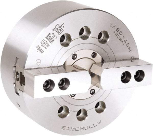 Samchully - 2 Jaw, 304mm Chuck Diam, Plain Back Mount, 91mm Through Hole Diam, Drawtube Hydraulic Power Lathe Chuck - 1.5mm x 60° Serrated Jaw Interface, 3,300 RPM, Steel Body - Benchmark Tooling