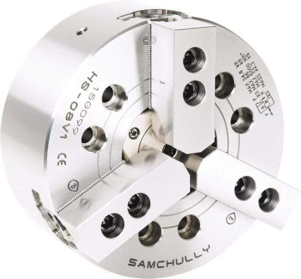 Samchully - 3 Jaw, 210mm Chuck Diam, Plain Back Mount, 52mm Through Hole Diam, Drawtube Hydraulic Power Lathe Chuck - 1.5mm x 60° Serrated Jaw Interface, 5,000 RPM, Steel Body - Benchmark Tooling