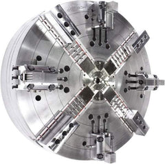 Samchully - 4 Jaw, 1400mm Chuck Diam, Plain Back Mount, 0mm Through Hole Diam, Drawbar Hydraulic Power Lathe Chuck - Tongue & Groove Jaw Interface, 400 RPM, Steel Body - Benchmark Tooling