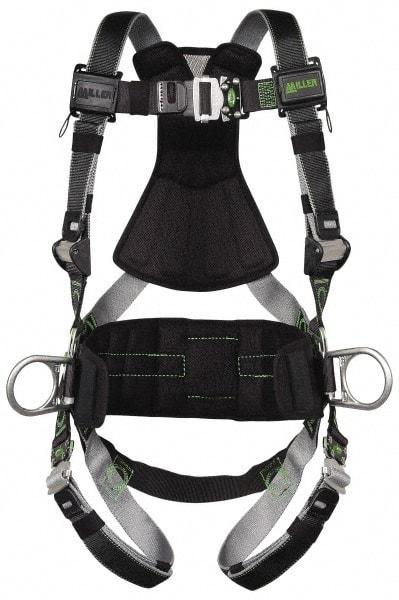 Miller - 400 Lb Capacity, Size Universal, Full Body Construction Safety Harness - Polyester (Outer) & Webbing, Side D-Ring, Quick Connect Leg Strap, Quick Connect Chest Strap, Green/Black - Benchmark Tooling