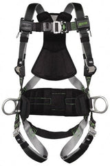 Miller - 400 Lb Capacity, Size Universal, Full Body Construction Safety Harness - Polyester (Outer) & Webbing, Side D-Ring, Quick Connect Leg Strap, Quick Connect Chest Strap, Green/Black - Benchmark Tooling