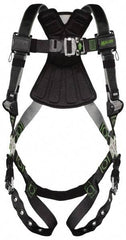 Miller - 400 Lb Capacity, Size Universal, Full Body Construction Safety Harness - Polyester (Outer) & Webbing, Tongue Leg Strap, Quick Connect Chest Strap, Green/Black - Benchmark Tooling