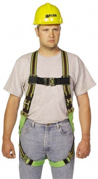 Miller - 400 Lb Capacity, Size Universal, Full Body Construction Safety Harness - Polyester Webbing, Quick Connect Leg Strap, Quick Connect Chest Strap, Green/Black - Benchmark Tooling