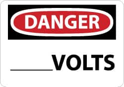 NMC - Accident Prevention Label, Header: DANGER - Legend: Danger - ____ Volts, English, Red, Black & White, 5" Long x 3" High, Sign Muscle Finish - Benchmark Tooling