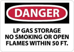 NMC - "Danger - LP Gas Storage - No Smoking or Open Flames Within 50 Ft.", 10" Long x 14" Wide, Aluminum Safety Sign - Rectangle, 0.04" Thick, Use for Accident Prevention - Benchmark Tooling