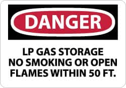 NMC - "Danger - LP Gas Storage - No Smoking or Open Flames Within 50 Ft.", 7" Long x 10" Wide, Pressure-Sensitive Vinyl Safety Sign - Rectangle, 0.004" Thick, Use for Accident Prevention - Benchmark Tooling