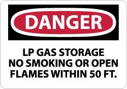 NMC - "Danger - LP Gas Storage - No Smoking or Open Flames Within 50 Ft.", 10" Long x 14" Wide, Pressure-Sensitive Vinyl Safety Sign - Rectangle, 0.004" Thick, Use for Accident Prevention - Benchmark Tooling