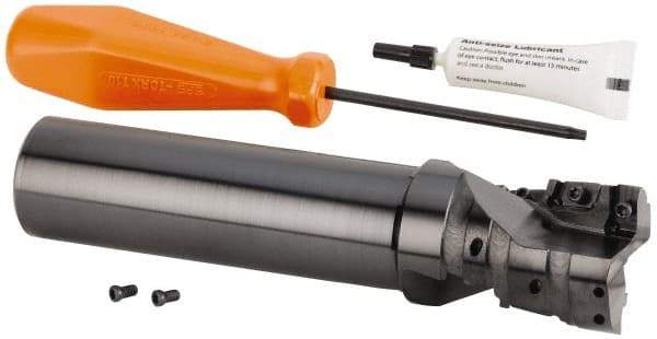 Kennametal - 1-1/2" Cut Diam, 42.01mm Max Depth of Cut, 1-1/4" Shank Diam, 159mm OAL, Indexable Square Shoulder Helical End Mill - GOMT 13T3.., JOMT 13T3.. Inserts, Cylindrical Shank, 0° Lead Angle, Through Coolant, Series KDMR - Benchmark Tooling