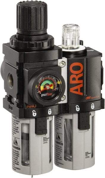 ARO/Ingersoll-Rand - 1/4" NPT Port Miniature 2 Piece Filter/Regulator-Lubricator FRL Unit - Polycarbonate Bowl, 44 SCFM, 150 Max psi, 5.2" High x 3.15" Long, Manual Drain - Benchmark Tooling