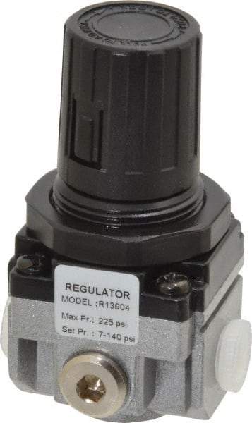 PRO-SOURCE - 1/8 NPT Port, 17 CFM, Aluminum Miniature Regulator - 7 to 145 psi Range, 220 Max psi Supply Pressure, 1/8" Gauge Port Thread, 1.56" Wide x 3.19" High - Benchmark Tooling
