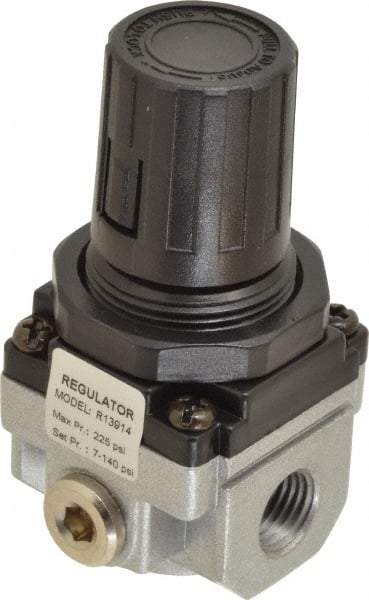 PRO-SOURCE - 1/4 NPT Port, 21 CFM, Aluminum Miniature Regulator - 7 to 145 psi Range, 220 Max psi Supply Pressure, 1/8" Gauge Port Thread, 1.56" Wide x 3.19" High - Benchmark Tooling