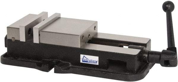 Gibraltar - 6" Jaw Width, 7-1/2" Jaw Opening Capacity, Horizontal Stationary Machine Vise - Manual Operation, 1 Station, 18-1/2" Long x 4-5/8" High x 1-19/32" Deep, 1-19/32" Jaw Height, Ductile Iron - Benchmark Tooling