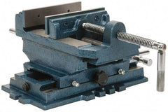 Interstate - 5-3/4" Jaw Opening Capacity x 1-1/2" Throat Depth, Horizontal Drill Press Vise - 6" Wide x 1-31/64" High Jaw, Cross Slide Base, Standard Speed, 11-1/2" OAL x 6.2" Overall Height, Cast Iron - Benchmark Tooling