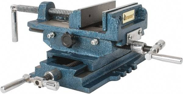 Interstate - 5-5/16" Jaw Opening Capacity x 1-5/16" Throat Depth, Horizontal Drill Press Vise - 5" Wide x 1-5/16" High Jaw, Cross Slide Base, Standard Speed, 10" OAL x 5.3" Overall Height, Cast Iron - Benchmark Tooling