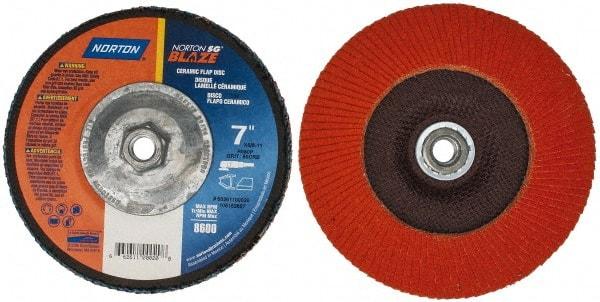 Norton - 80 Grit, 7" Disc Diam, 5/8-11 Center Hole, Type 27 Ceramic Flap Disc - Plastic Backing, Arbor Attaching System, Coated - Benchmark Tooling